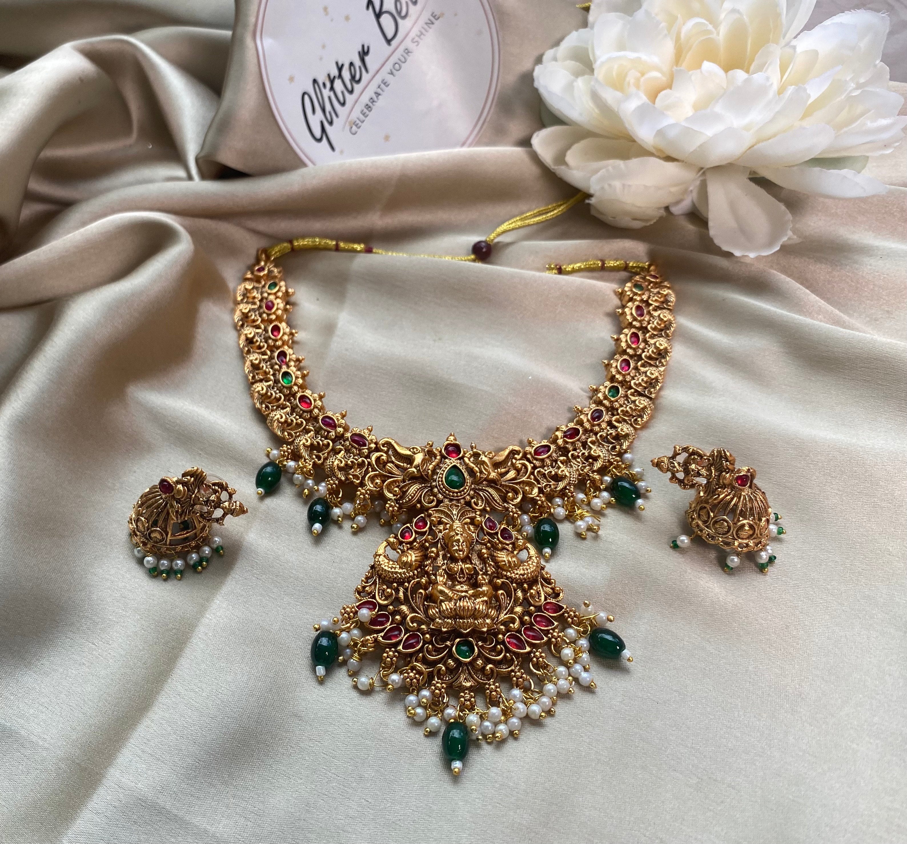 Antique temple-inspired design with goddess motifs - Pearls and stones