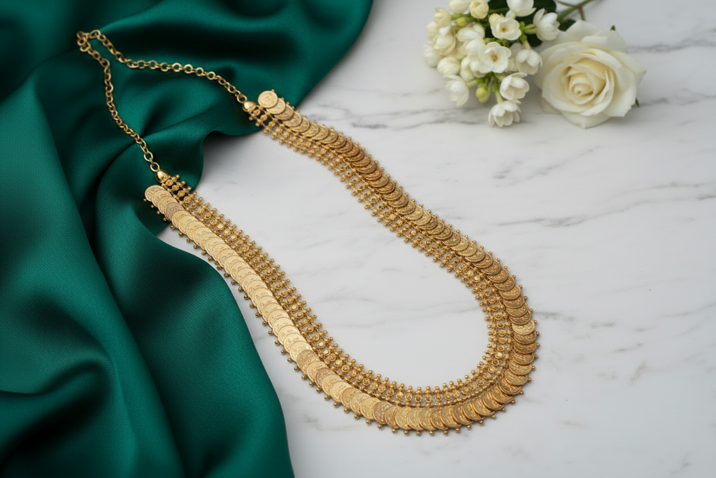 Close-up of gold necklace with minimal elegant props