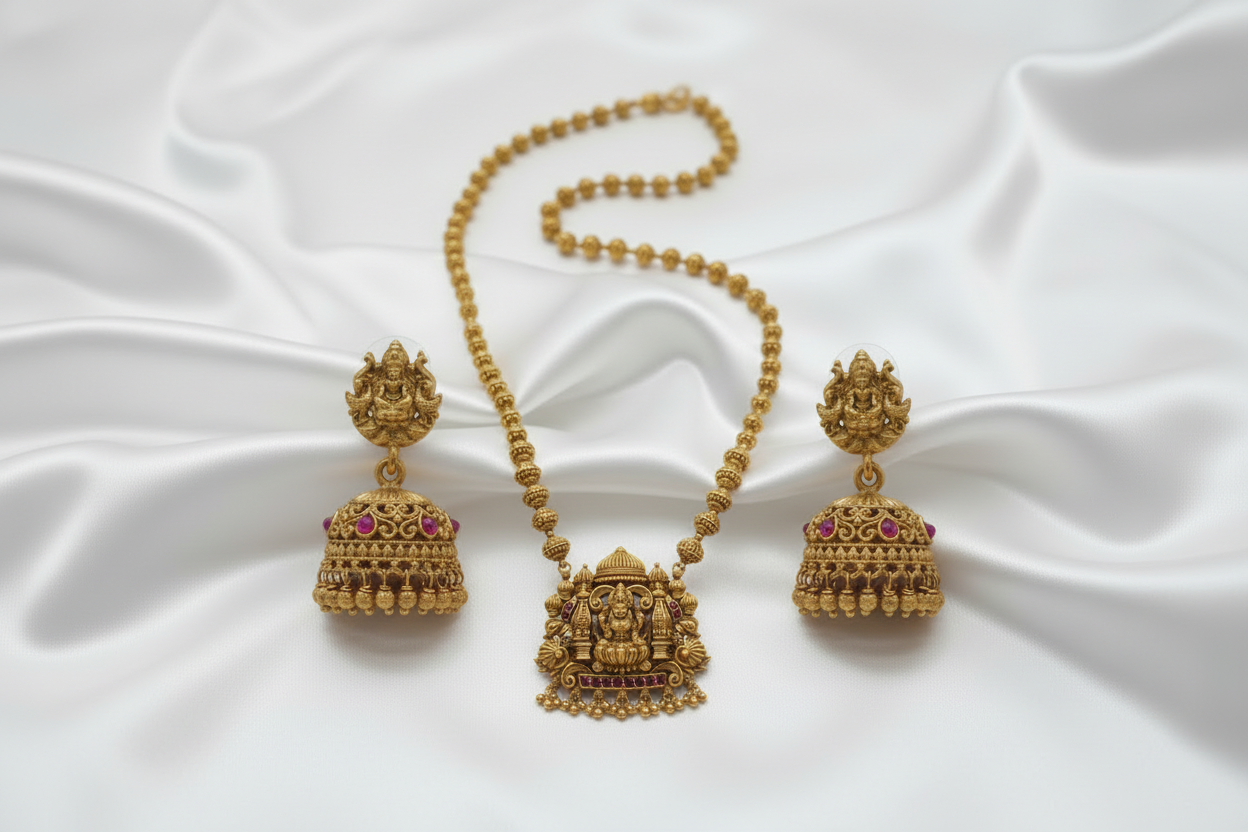 Complete temple necklace and jhumka jewelry set