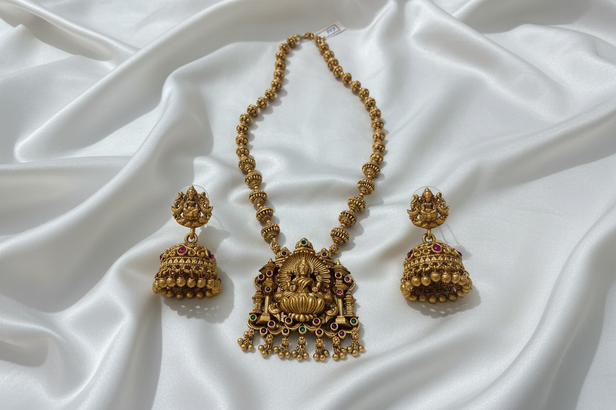 Complete temple necklace and jhumka jewelry set