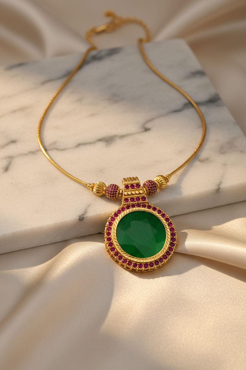 Emerald and Ruby Gold Necklace with Elegant Background