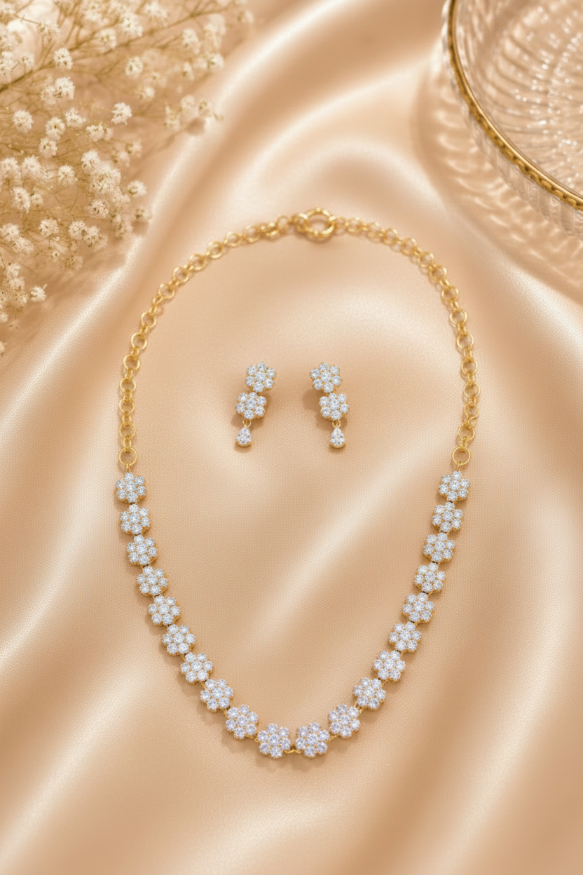 Floral CZ Jewelry Set - No Sparkle, S-Hook Clasp