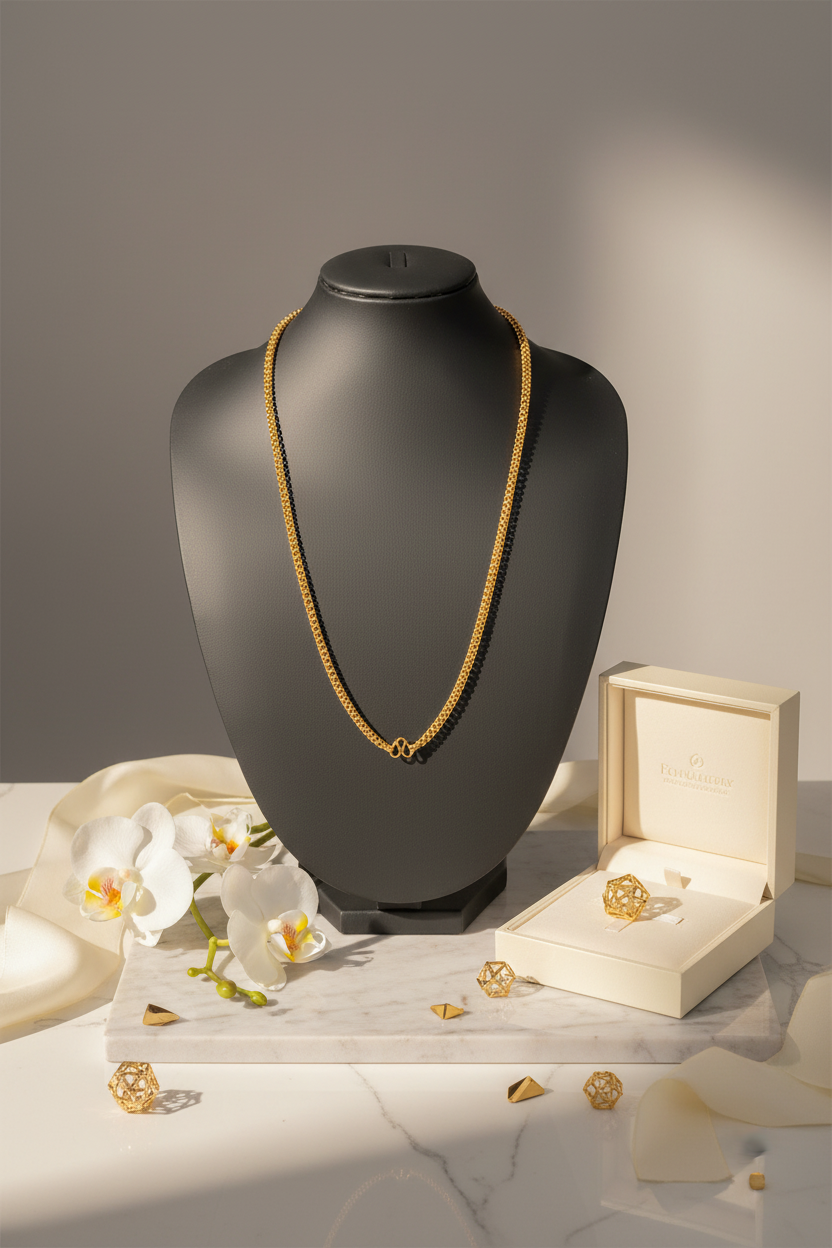 Gold chain necklace with luxury props and styling