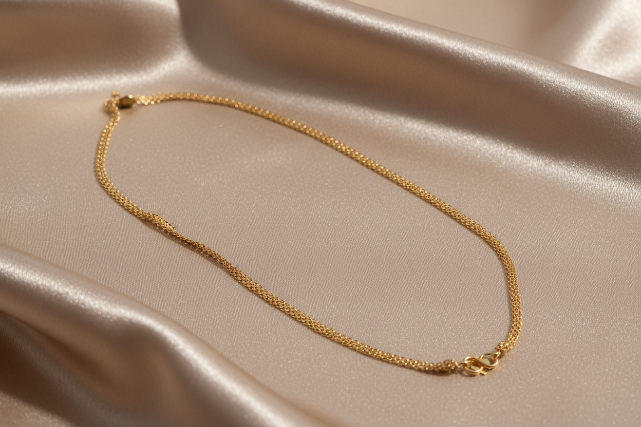 Gold chain with S-hook on satin fabric