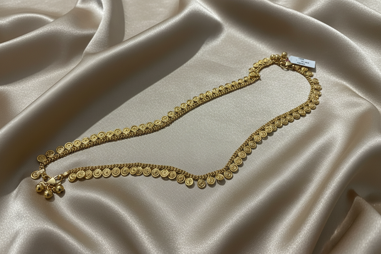 Gold coin anklets on satin fabric