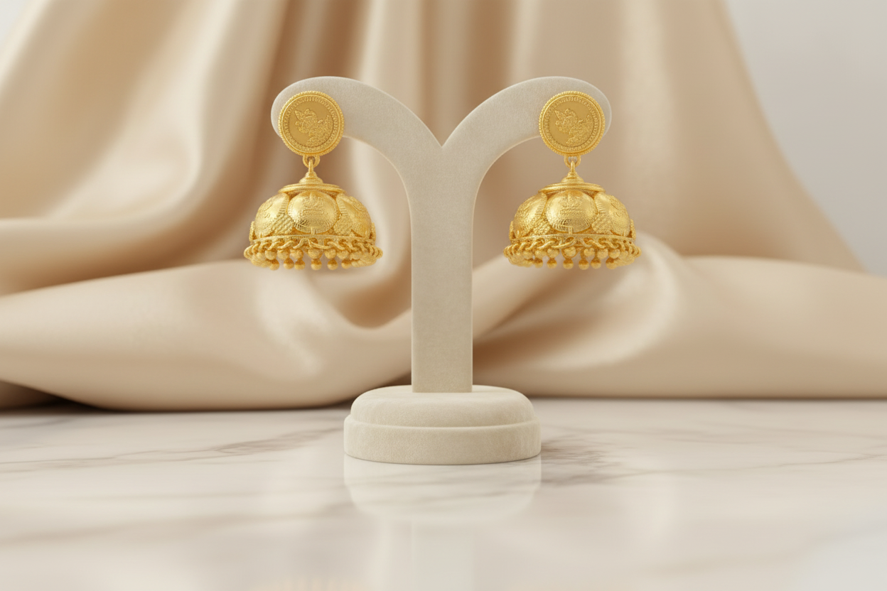 Gold coin jhumka earrings on display stand
