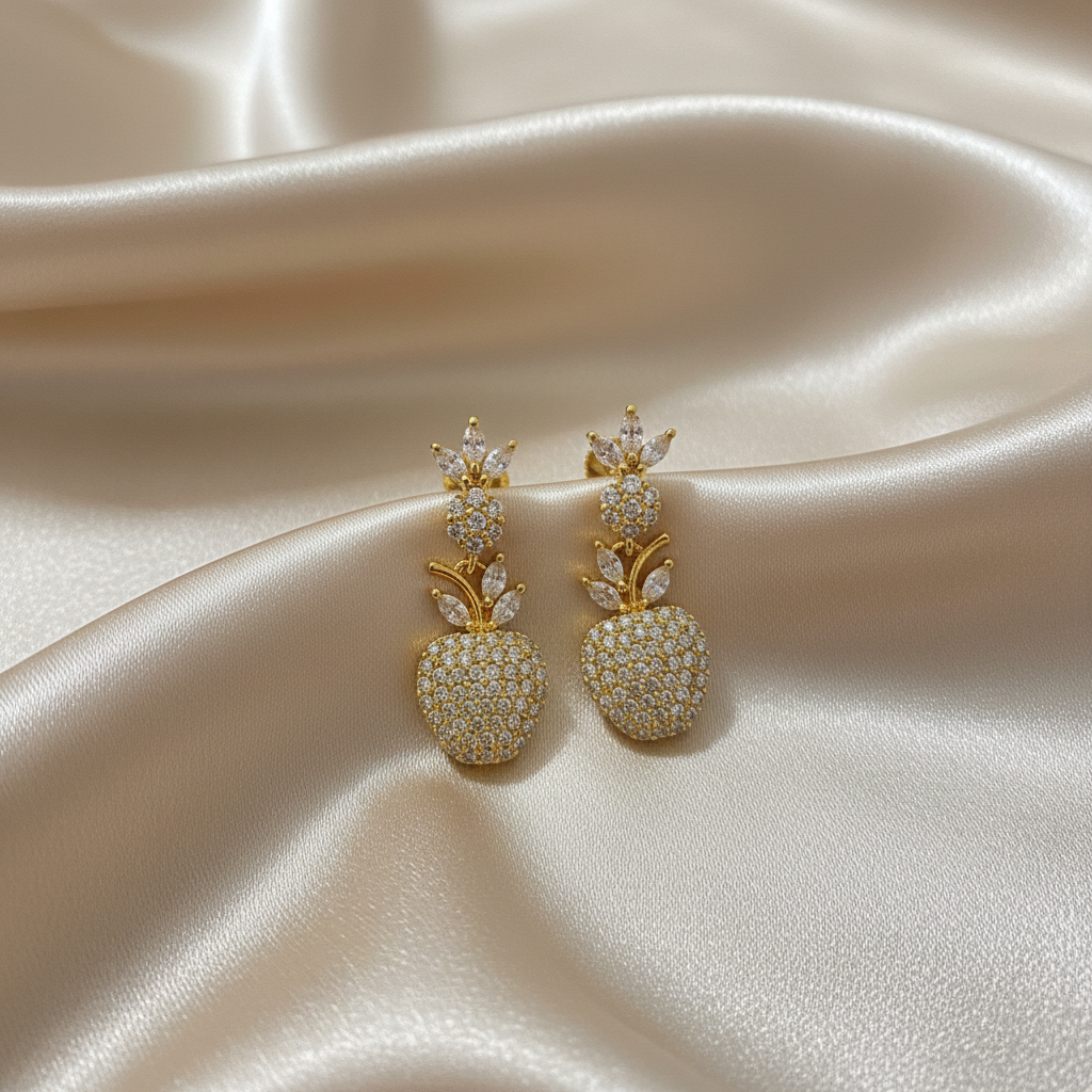 Gold earrings with pearl gemstones on satin fabric