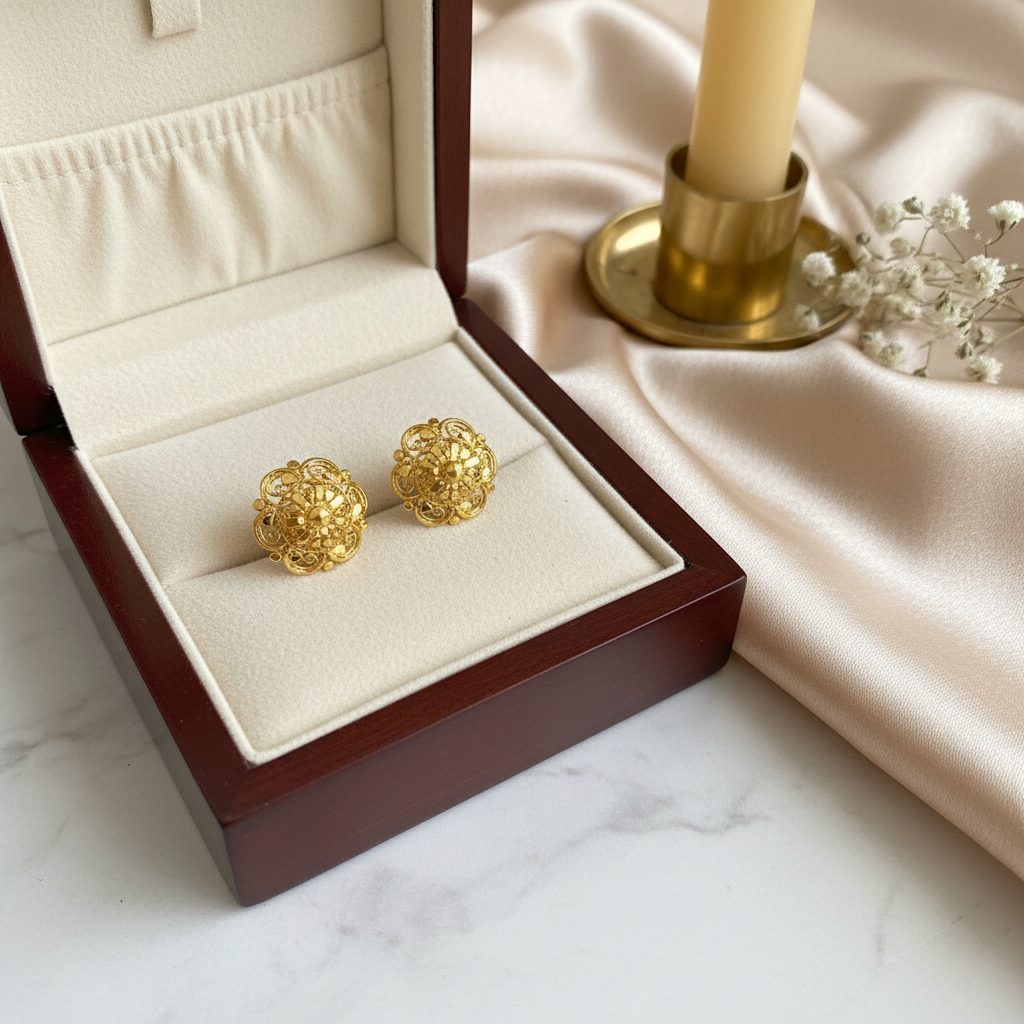 Gold floral stud earrings with elegant props