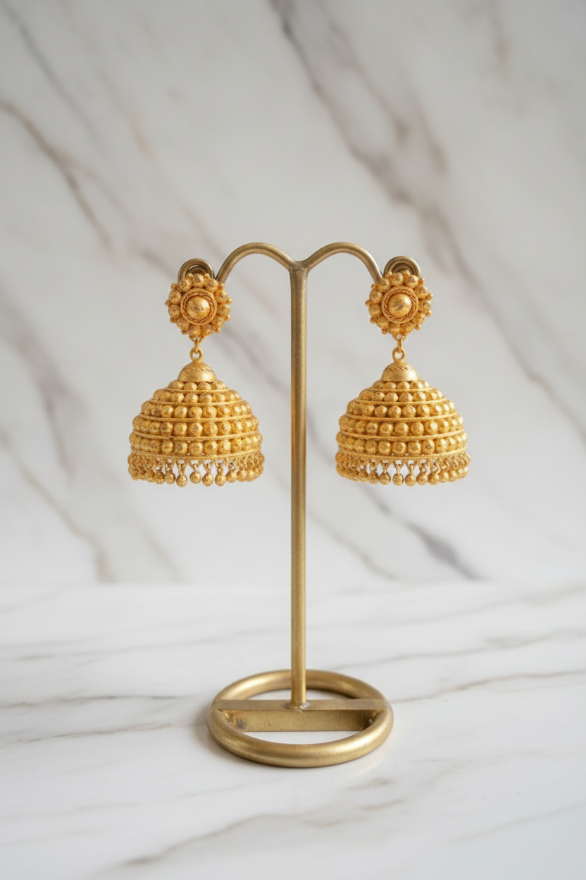 Gold Jhumka Earrings – White Marble