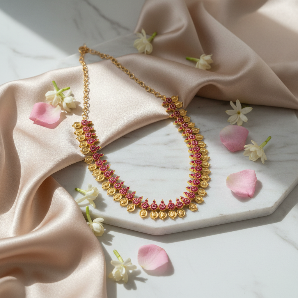 Gold necklace styled with props - luxury lifestyle photography