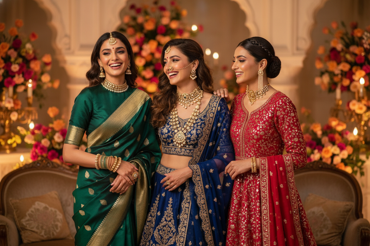 indian modern women wearing traditional festive jewellery
