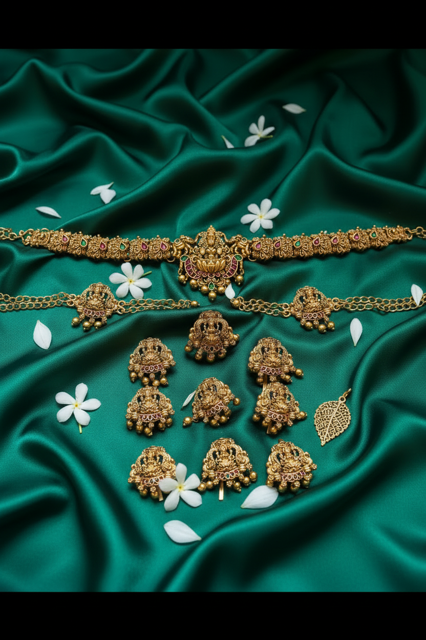 Jewelry on emerald satin with minimal props