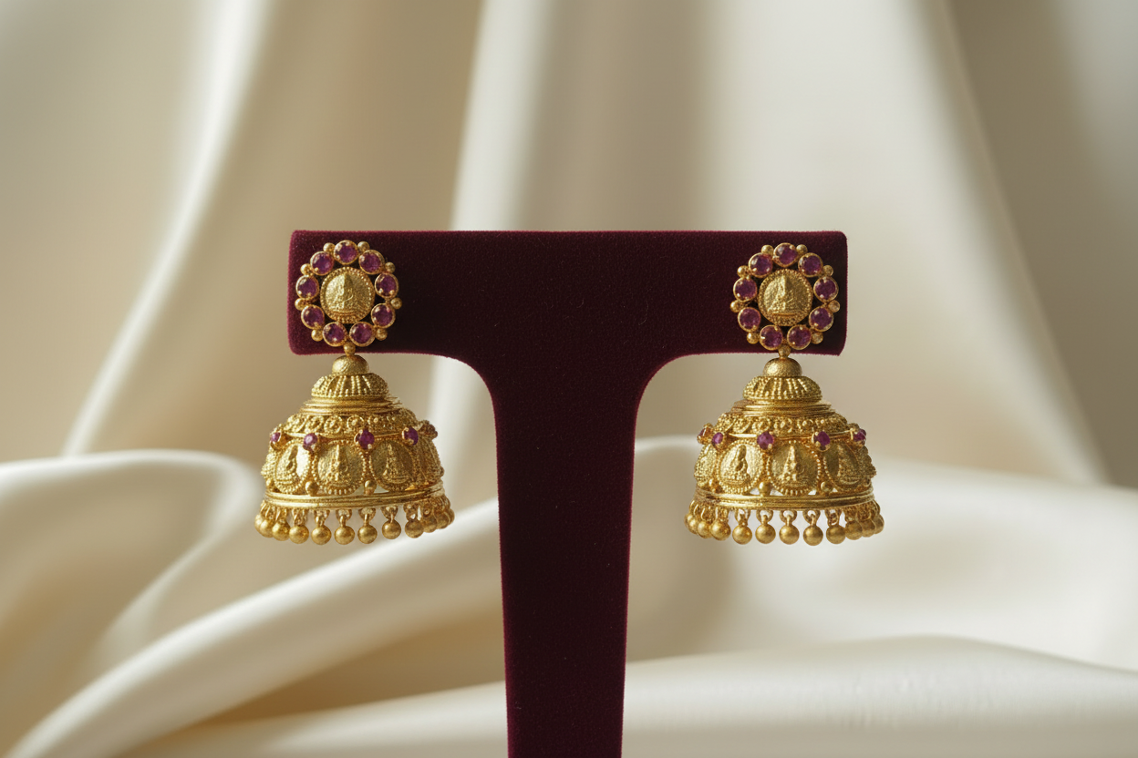 Lakshmi temple earrings on display stand