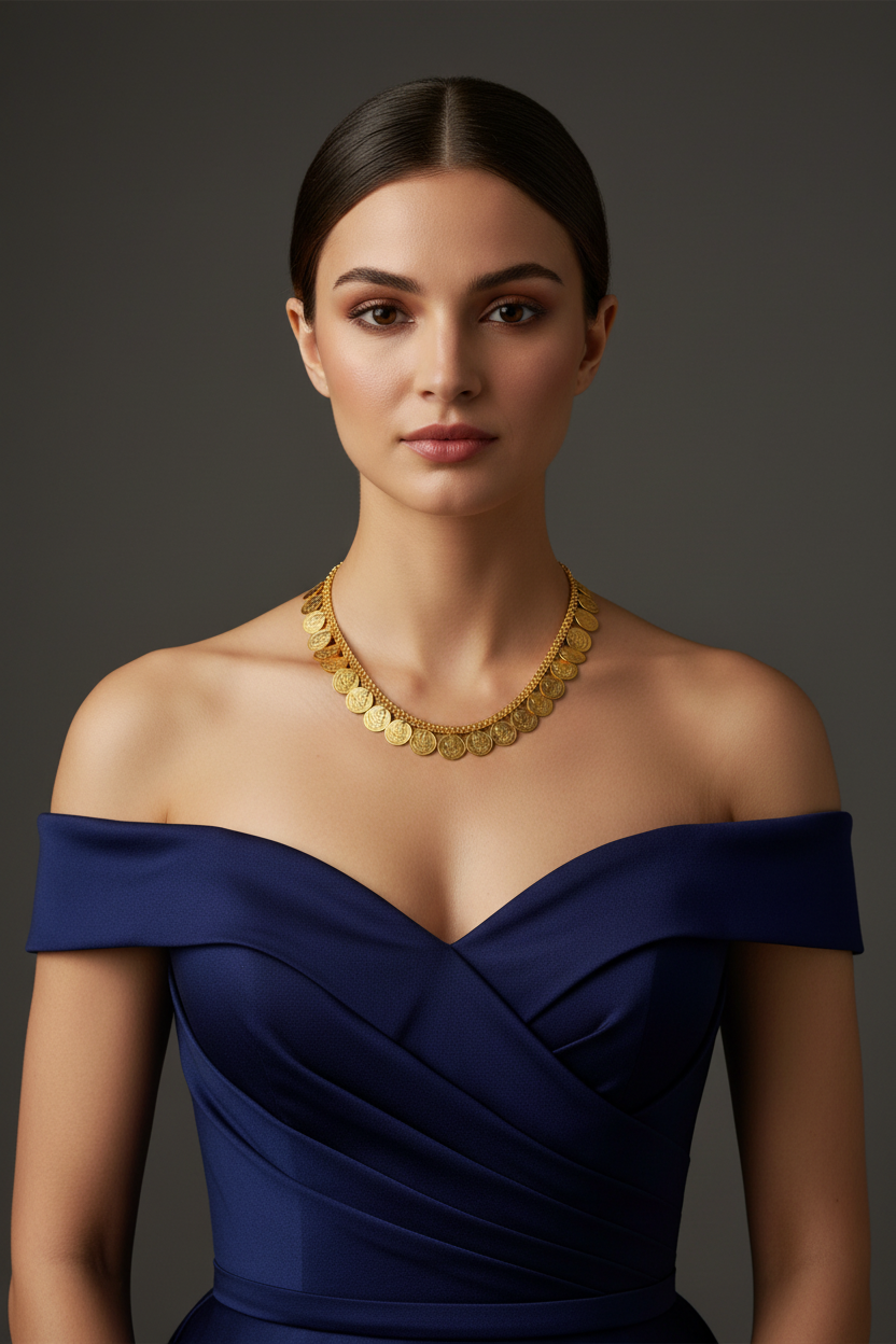 Model in Blue or Black Dress Wearing Gold Coin Necklace