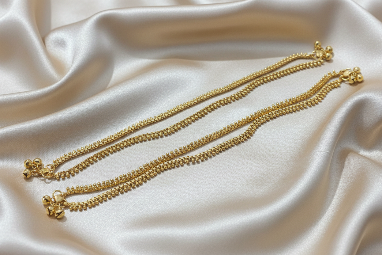 One pair of gold anklets on satin fabric