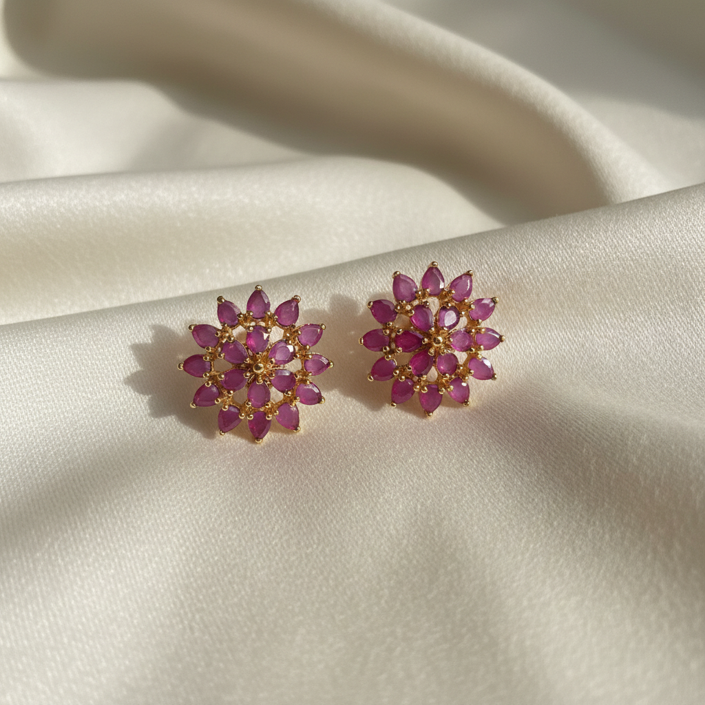 Pink ruby starburst earrings with elegant background
