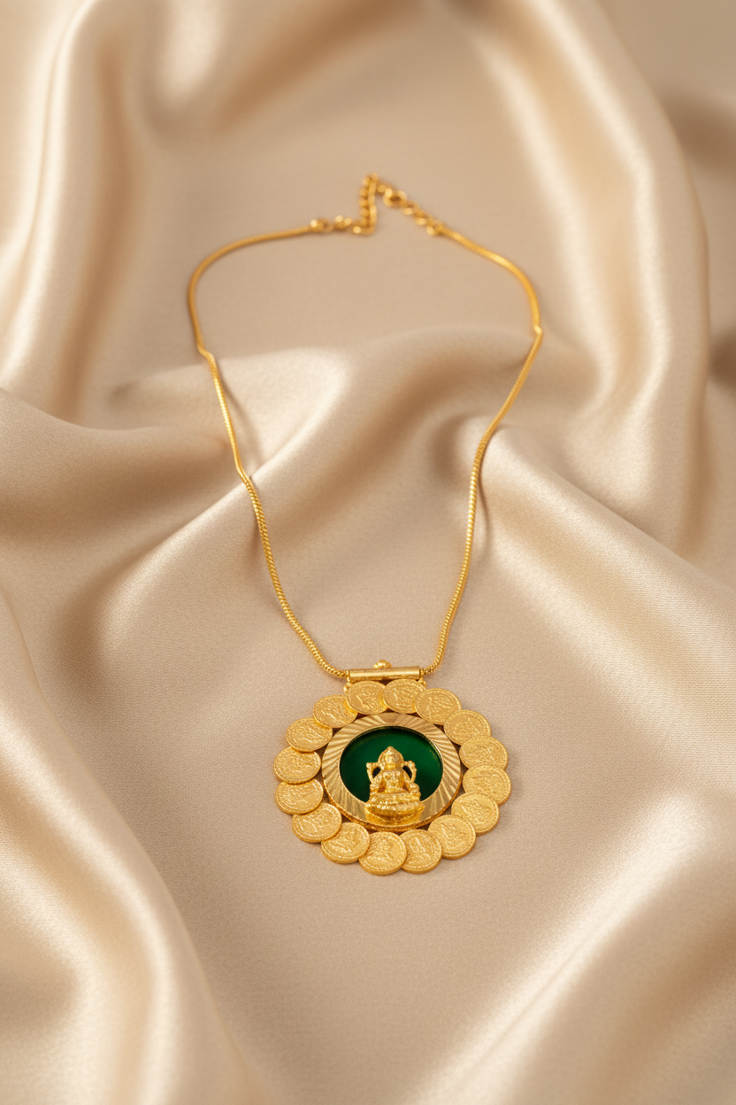 Single Lakshmi Coin Necklace with Elegant Background