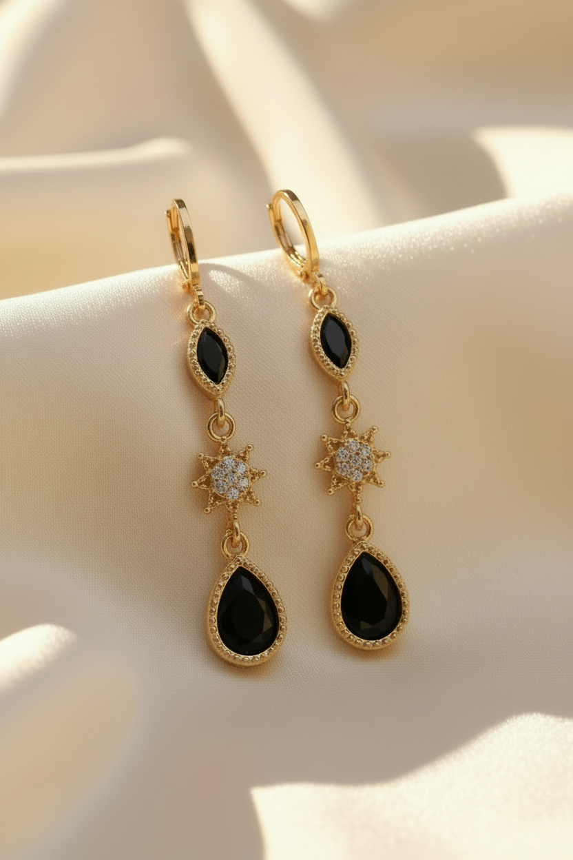 Subtle Shimmer Gold Onyx Earrings on Cream Silk